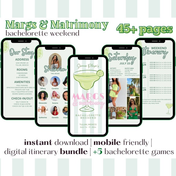 45+ Page Margs and Matrimony Bachelorette Weekend Digital Itinerary | Editable Canva Template | Mobile Friendly | Gimmie One Margarita Decor