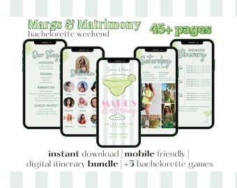 45+ Page Margs and Matrimony Bachelorette Weekend Digital Itinerary | Editable Canva Template | Mobile Friendly | Gimmie One Margarita Decor