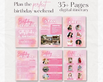 35+ Pages Digital Birthday Weekend Planner & Itinerary | Editable Canva Template Outfit Planner, Restaurants, Schedule + More | Printable