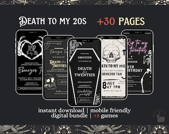 30+ Pages Death to my 20s, RIP to my twenties | 30th Birthday | Editable Canva Template - Invitation, Games Bundle | Digital & Printable