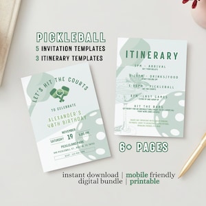 May include: Printable pickleball party invitation and itinerary templates. The invitation features a green and white design with a pickleball paddle and ball. The itinerary features a green and white design with a cocktail glass. The text on the invitation reads "Let's Hit the Courts" and "To Celebrate Alexander's 40th Birthday". The text on the itinerary reads "Itinerary" and "Hit the Bars".