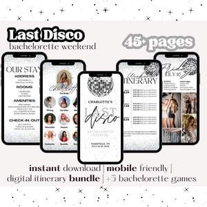 Könnte beinhalten: Ein digitales, druckbares Bachelorette-Party-Reiseplan-Paket mit Disco-Kugel-Thema. Der Reiseplan umfasst einen Wochenend-Reiseplan, eine Gästeliste und eine Liste der Aktivitäten. Der Text auf dem Reiseplan lautet "Last Disco Bachelorette Weekend" und "45+ Seiten".