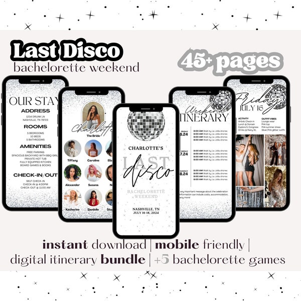45+ Page Last Disco Glam Bachelorette Weekend Digital Itinerary | Editable Canva Template | Mobile Friendly & Printable | Disco Diamonds