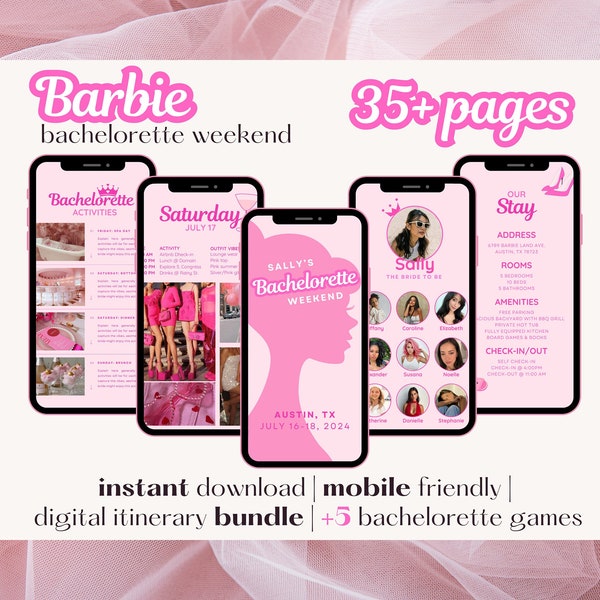 35+ Seiten Barbie Bachelorette Wochenende Digitaler Reiseplan | Bearbeitbare Canva Vorlage Outfit Planer, Spiele, Mehr+ | Handy freundlich & druckbar
