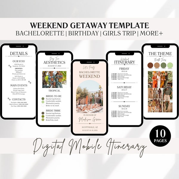 10-Page Digital Weekend Getaway Itinerary Template - Customizable Digital Planner for Bachelorettes, Birthdays, Girls, Sisters + more Trips