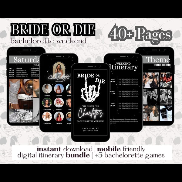 40+ Page Bride or Die Bachelorette Weekend Digital Itinerary | Editable Canva Template | Mobile Friendly & Printable | Death Do Us Party