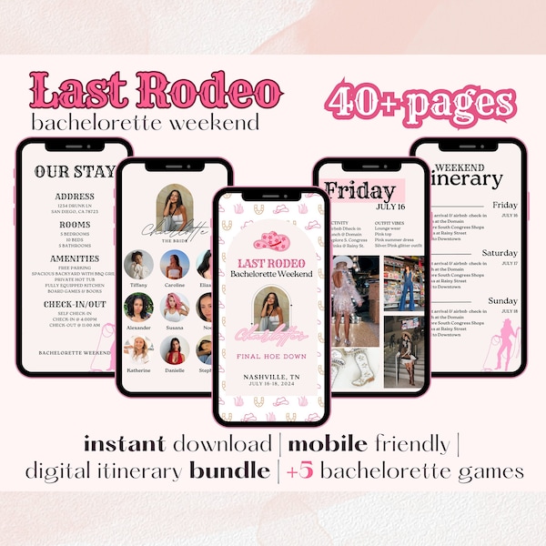 40+ Page Last Rodeo Bachelorette Weekend Digital Itinerary | Editable Canva Template | Mobile Friendly, Printable | Last Hoe Down