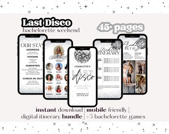 May include: A digital printable bachelorette party itinerary bundle with a disco ball theme. The itinerary includes a weekend itinerary, a list of guests, and a list of activities. The text on the itinerary says "Last Disco Bachelorette Weekend" and "45+ pages".