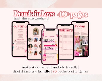 40+ Page Drunk In Love Bachelorette Weekend Digital Itinerary | Editable Canva Template | Mobile Friendly & Printable | Laced in Love