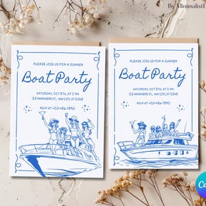Könnte beinhalten: Zwei weiße Einladungskarten mit blauem Text und Illustrationen. Der Text lautet "Bitte schließen Sie sich uns zu einer Sommer-Bootsfahrt an" mit Datum, Uhrzeit und Ort. Die Illustration zeigt eine Gruppe von Frauen auf einem Boot.