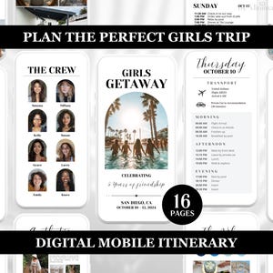 Op de afbeelding: Een digitale mobiele reisroute voor een meidenreis naar San Diego, Californië. De reisroute bevat een voorpagina met een foto van vier vriendinnen die in een zwembad vieren, een pagina voor de crew met foto's van elke persoon, een pagina voor het verblijf met details over de accommodatie en een pagina voor het dagelijkse schema. De reisroute is ontworpen om te worden gebruikt op een mobiel apparaat.