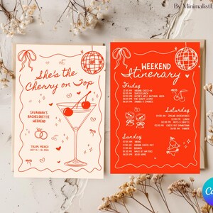 May include: A red and white illustrated card with the text "She's the Cherry on Top" and a martini glass with a cherry on top. The card also includes a weekend itinerary for a bachelorette party in Tulum, Mexico.