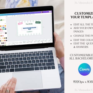 May include: A laptop screen displaying a customizable bridal shower game template on Canva. The template features a light blue background with a white text box that says "The Bride" and a question asking "What is the bride's favourite food?" The text "100" is in a pink circle on the left side of the screen. The template is customizable with text, images, fonts, colours, and questions and answers. The text "1920px x 1080px" is displayed below the Canva logo.
