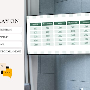 May include: A green and white screen displaying a game called "Play On" with options for playing on a television, laptop, iPad, or video call. The screen also shows a grid with the headings "The Bride", "The Lovebirds", "Besties", "The Wedding", and "Moments". Each heading has a column of numbers from 100 to 500.