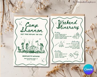 Camp Bachelorette Invitation Itinerary: Customizable Canva Template (Digital Download)