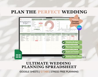 Könnte beinhalten: Ein Laptop zeigt eine Hochzeitsplanungs-Tabelle mit Diagrammen und Tabellen. Der Text auf dem Bildschirm enthält "Hochzeitsbudget", "Planungscheckliste" und "Gästelisten-Tracker". Das Bild zeigt auch den Text "Planen Sie die perfekte Hochzeit" und "Ultimate Wedding Planning Spreadsheet".
