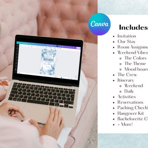 May include: A laptop screen displaying a blue and white floral invitation with the text "Bridal Shower" and the name "Samantha". The text "Includes:" is listed with a bullet point list of items such as "Invitation", "Our Stay", "Room Assignments", "Weekend Vibes", "The Crew", "Itinerary", "Activities", "Reservations", "Packing Checklist", "Hangover Kit", "Bachelorette Games", and "More!"