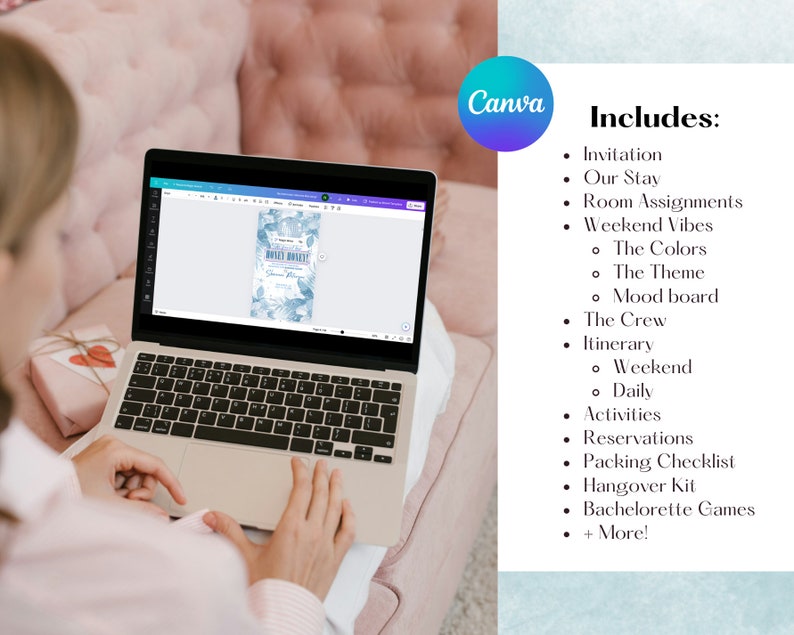 May include: A laptop screen displaying a blue and white floral invitation with the text "Bridal Shower" and the name "Samantha". The text "Includes:" is listed with a bullet point list of items such as "Invitation", "Our Stay", "Room Assignments", "Weekend Vibes", "The Crew", "Itinerary", "Activities", "Reservations", "Packing Checklist", "Hangover Kit", "Bachelorette Games", and "More!"