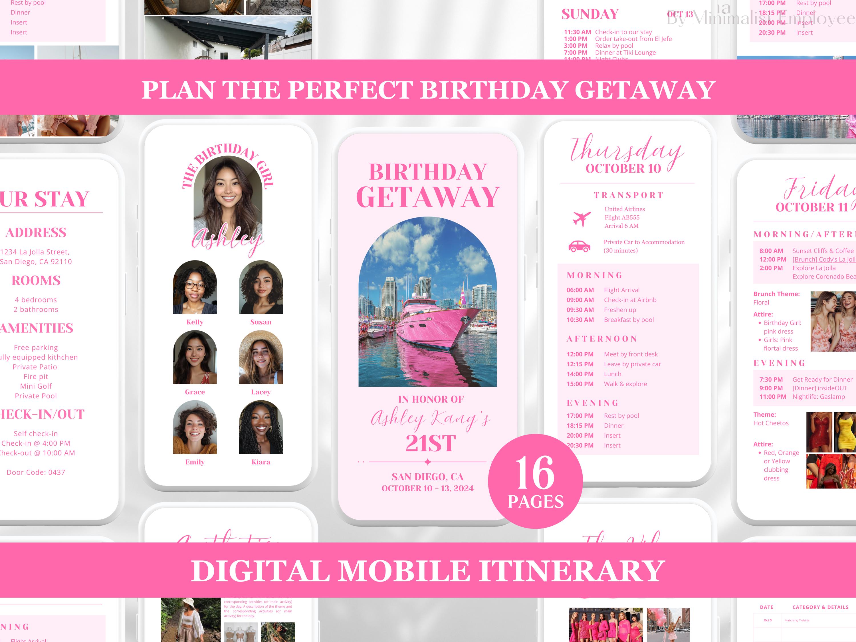 16-Page Minimalist Birthday Itinerary Template | Mobile Girl's Trip Planner | Birthday Weekend Invitation, Weekend Itinerary | Canva