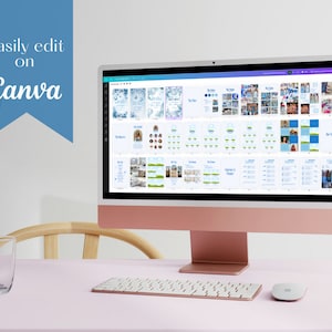 May include: A computer screen displaying a digital design template for a wedding scrapbook. The template is open in Canva, a graphic design platform. The screen is on a pink desk with a white keyboard and a white mouse.