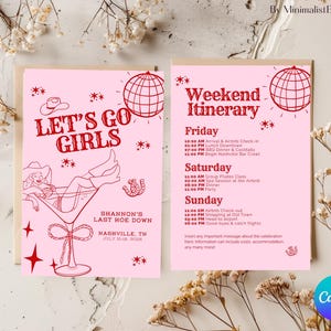 Itinerario per l'addio al nubilato all'ultimo rodeo, modello Canva, download digitale, pianificatore del weekend di Nashville, stampabile per dispositivi mobili, cowgirl disco