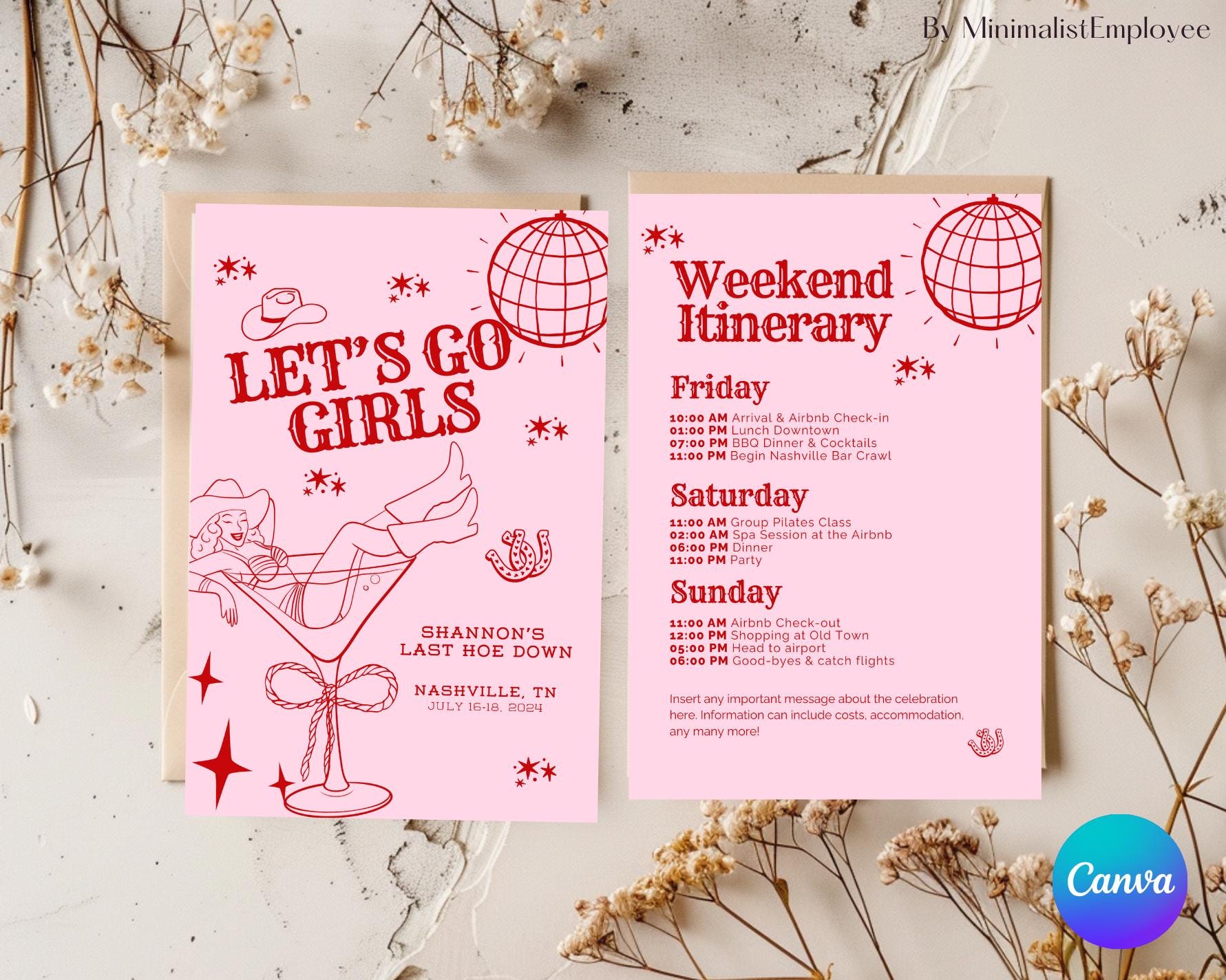 Last Rodeo Bachelorette Itinerary: Nashville Weekend Planner (Canva Template, Digital Download)