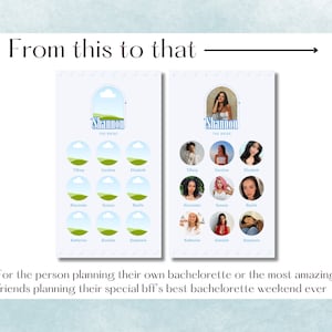 May include: A printable bachelorette party game with a blue and green color scheme. The game features a bride's name, "Shannon", and a list of names for guests to guess who is who.