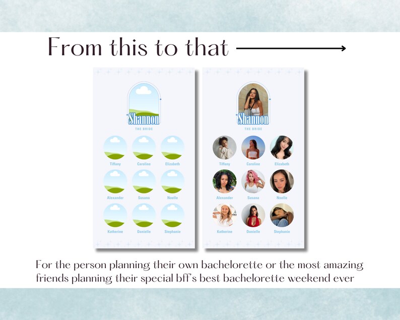 May include: A printable bachelorette party game with a blue and green color scheme. The game features a bride's name, "Shannon", and a list of names for guests to guess who is who.
