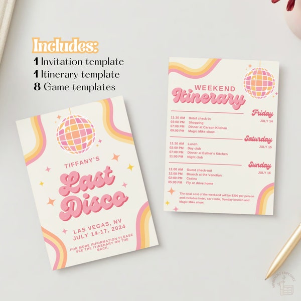Last Disco Bachelorette Weekend Party Invitation, Itinerary, Games Template | Editable Canva Template | Print at Home | Bridal Games