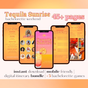 Digitaal reisplan voor Tequila Sunrise-vrijgezellenweekend met meer dan 45 pagina's | Bewerkbare canvassjabloon | Mobielvriendelijk, afdrukbaar