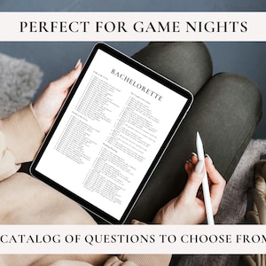 May include: A digital tablet displaying a list of questions titled "Bachelorette: The Couple's Love Story". The list is divided into categories such as "Getting to Know You", "Never Have I Ever", and "Couple's Trivia".
