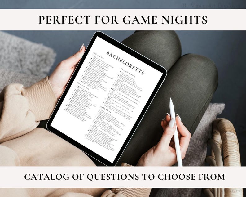 May include: A digital tablet displaying a list of questions titled "Bachelorette: The Couple's Love Story". The list is divided into categories such as "Getting to Know You", "Never Have I Ever", and "Couple's Trivia".