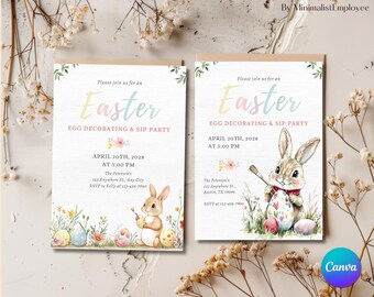 Editable Easter Egg Decorating Party Invitation: Bunny Floral Design (Digital Download)