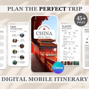 Planejador de itinerário de viagem para a China com mais de 45 páginas personalizável | Modelo de cronograma de viagem para viagem em grupo compatível com dispositivos móveis | Organizador de férias personalizado