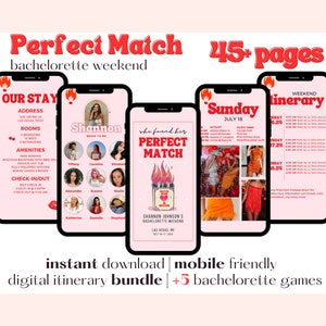 Könnte beinhalten: Ein digitales druckbares Bachelorette-Party-Reiseplan-Paket mit einem rosa und roten Farbschema. Der Reiseplan enthält eine Liste von Aktivitäten, eine Karte und eine Liste von Restaurants. Der Text auf dem Bild lautet "Perfect Match Bachelorette Weekend" und "45+ Seiten".