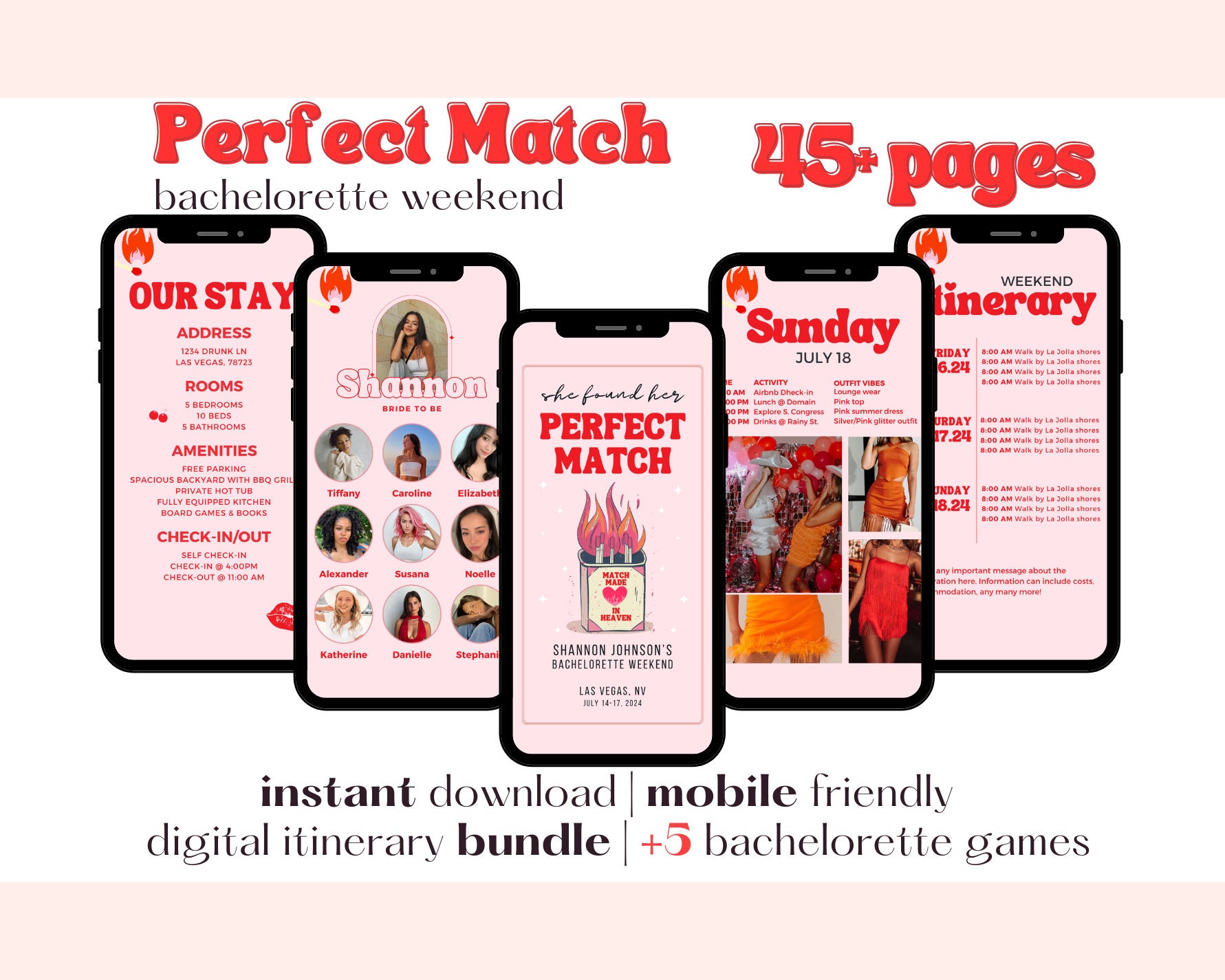 45+ Page Perfect Match Bachelorette Weekend Digital Itinerary | Editable Canva Mobile Template | Match Made in Heaven Bachelorette