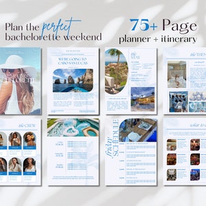 Puede incluir: Un planificador e itinerario de más de 75 páginas para un fin de semana de despedida de soltera. El planificador presenta un tema tropical con una paleta de colores azul y blanco. La página de portada incluye el texto "Plan the perfect bachelorette weekend" y "75+ Page planner + itinerary".