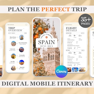 Itinéraire de voyage numérique pour l'Espagne | Modèle mobile personnalisable de plus de 35 pages | Parfait pour la planification de voyage, les détails de vol et les horaires quotidiens