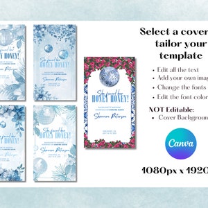 May include: Five different designs for a bachelorette party invitation. Each design features a disco ball, blue and white floral patterns, and the text "She found her Honey Honey!" with the bride's name and the date of the event.