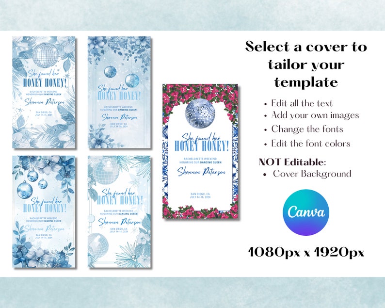 May include: Five different designs for a bachelorette party invitation. Each design features a disco ball, blue and white floral patterns, and the text "She found her Honey Honey!" with the bride's name and the date of the event.