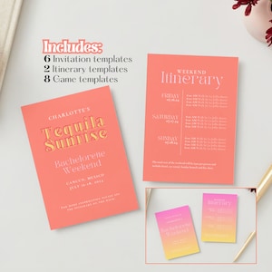 Invitation à un week-end d'enterrement de vie de jeune fille à thème Tequila Sunrise, modèle pour l'itinéraire | Modèle de toile modifiable | Impression à domicile | Jeux de mariée