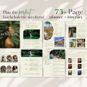 Pode incluir: Um planejador e itinerário de mais de 75 páginas para um fim de semana de despedida de solteira. A capa apresenta um design tropical verde e branco com o texto "Plan the perfect bachelorette weekend".