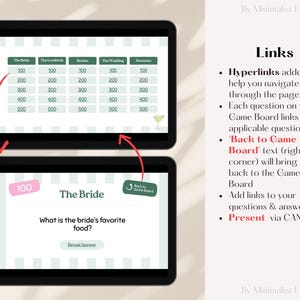 May include: A digital game board with a green and white striped background. The board is divided into five columns labelled "The Bride", "The Lovebirds", "Booties", "The Wedding", and "Mimosas". Each column has five rows with numbers 100, 200, 300, 400, and 500. The board is used for a game where players answer questions about the bride and groom.