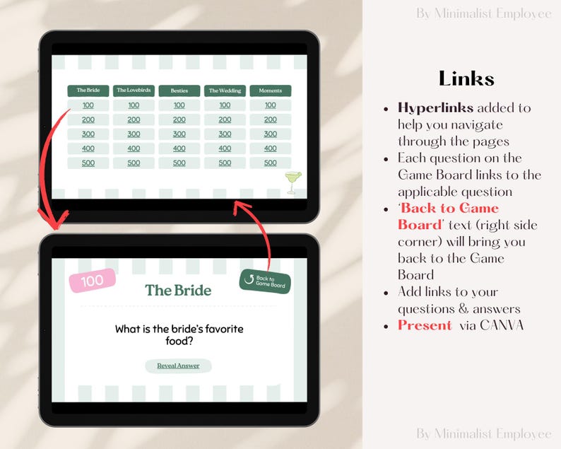 May include: A digital game board with a green and white striped background. The board is divided into five columns labelled "The Bride", "The Lovebirds", "Booties", "The Wedding", and "Mimosas". Each column has five rows with numbers 100, 200, 300, 400, and 500. The board is used for a game where players answer questions about the bride and groom.