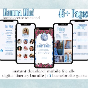 Itinerario digitale del fine settimana di addio al nubilato di Mamma Mia Disco di 45+ pagine / Modello Canva modificabile / Invito al fine settimana di addio al nubilato retrò con miele
