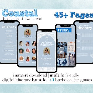 Itinerario digital del fin de semana de despedida de soltera costera de más de 45 páginas / Plantilla Canva editable / Compatible con dispositivos móviles e imprimible / Último brindis en la costa