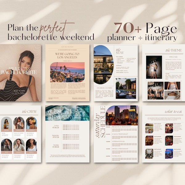 70+ Seite Bachelorette Wochenend-Planer-Vorlage | Bearbeitbare Canva Vorlage | Wochenend-Reiseplan, Outfit-Planer, Themen, Packlisten + Mehr