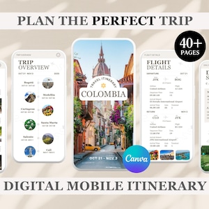 Modelo digital de itinerário de viagem, itinerário móvel personalizável do Canva, cronograma de viagem minimalista, guia de férias editável em PDF, Colômbia