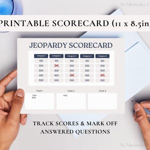 May include: Printable Jeopardy scorecard template for a game with five categories. The scorecard is designed for three teams and includes spaces to track scores for each team. The scorecard is 28 cm by 21.5 cm.
