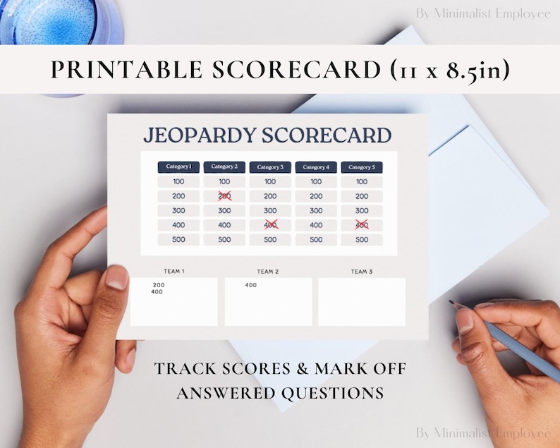 May include: Printable Jeopardy scorecard template for a game with five categories. The scorecard is designed for three teams and includes spaces to track scores for each team. The scorecard is 28 cm by 21.5 cm.